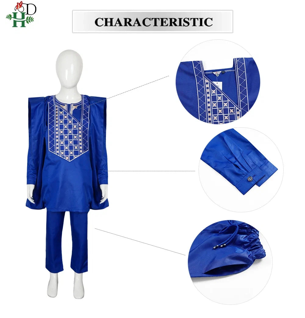 Boys White Blue Long Sleeve Tops Embroidery Dashiki Robe Shirt And Pant Set 3 PCS