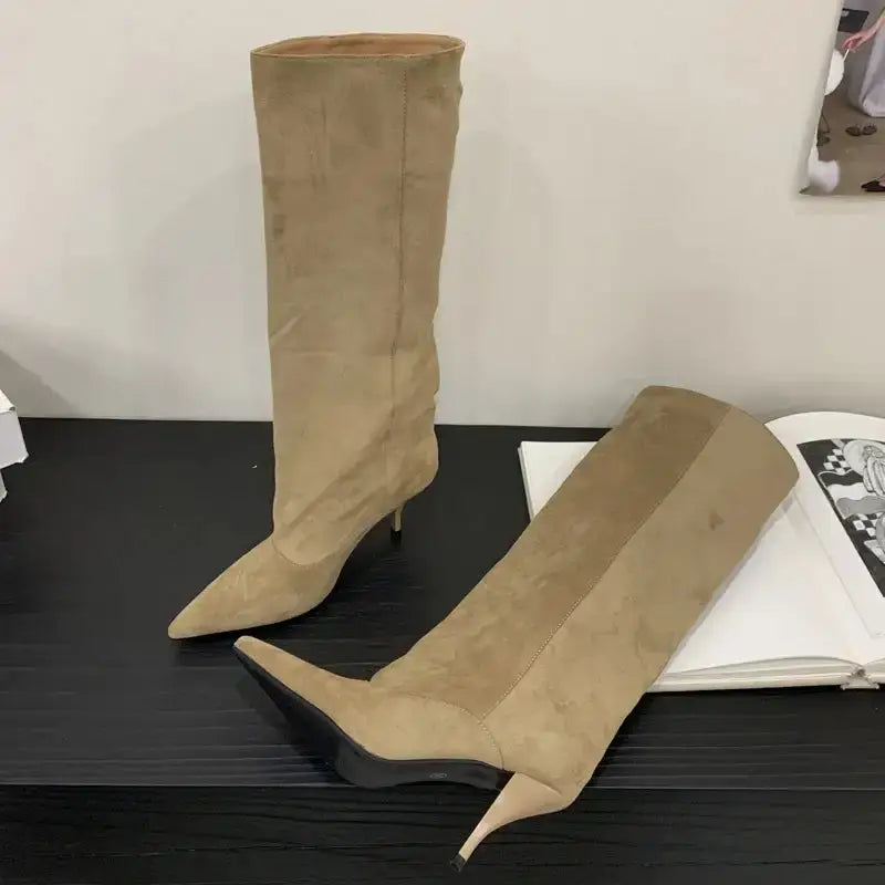 Retro Suede Knee‑High Boots – Kitten Heel