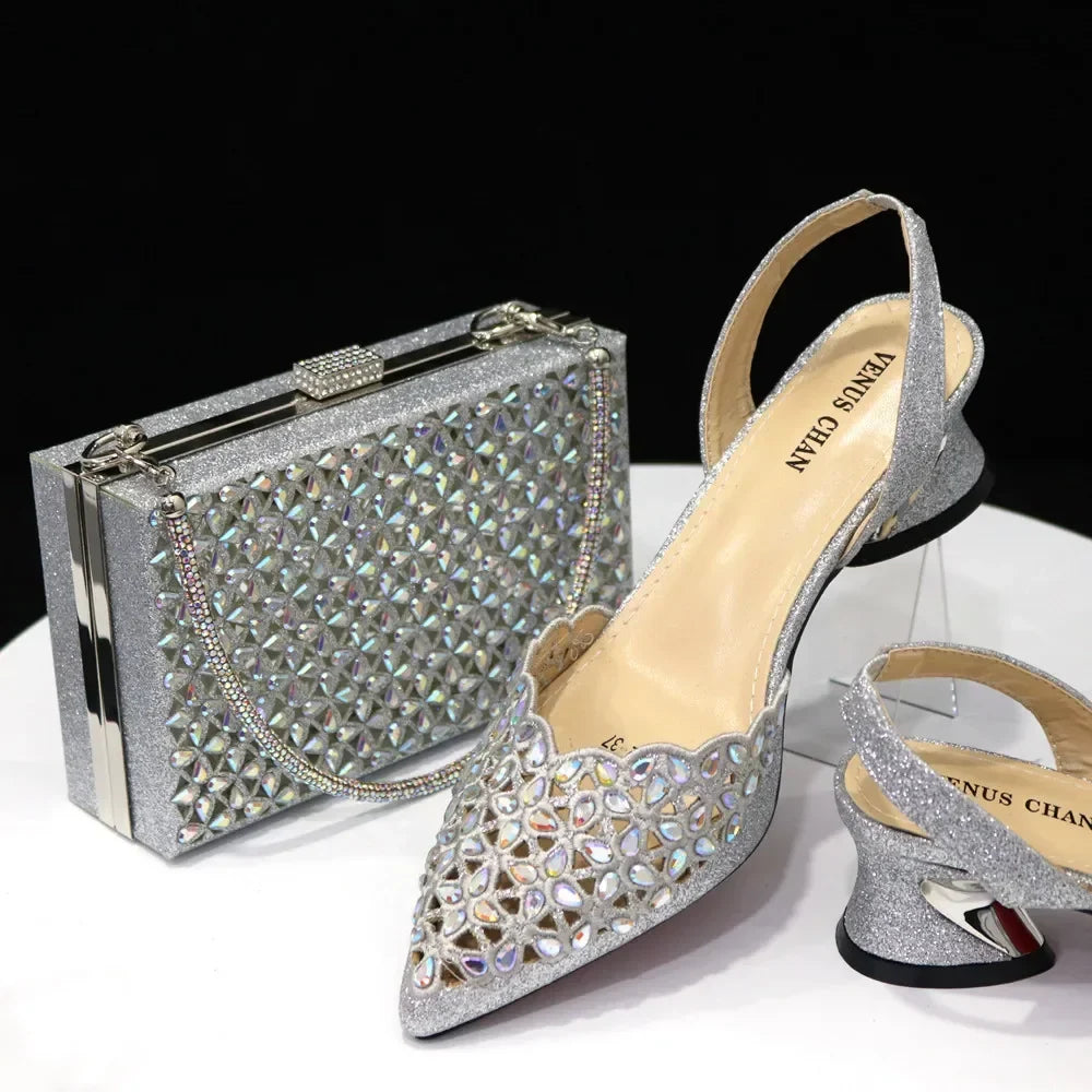 Hollowed Out Embroidery Rhinestone Pointed Toe Slingback Heels — Shoes Only or With Matching Bag | 5 Colours | EU 37–43