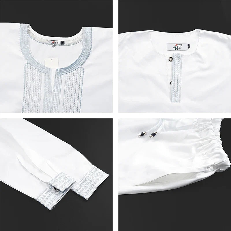 Boys White Blue Long Sleeve Tops Embroidery Dashiki Robe Shirt And Pant Set 3 PCS