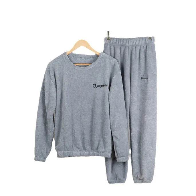 Double-Sided Coral Fleece Pajama Set Thickened Warm Leisure Wear for Autumn Winter Comfortable Polyester Sleepwear