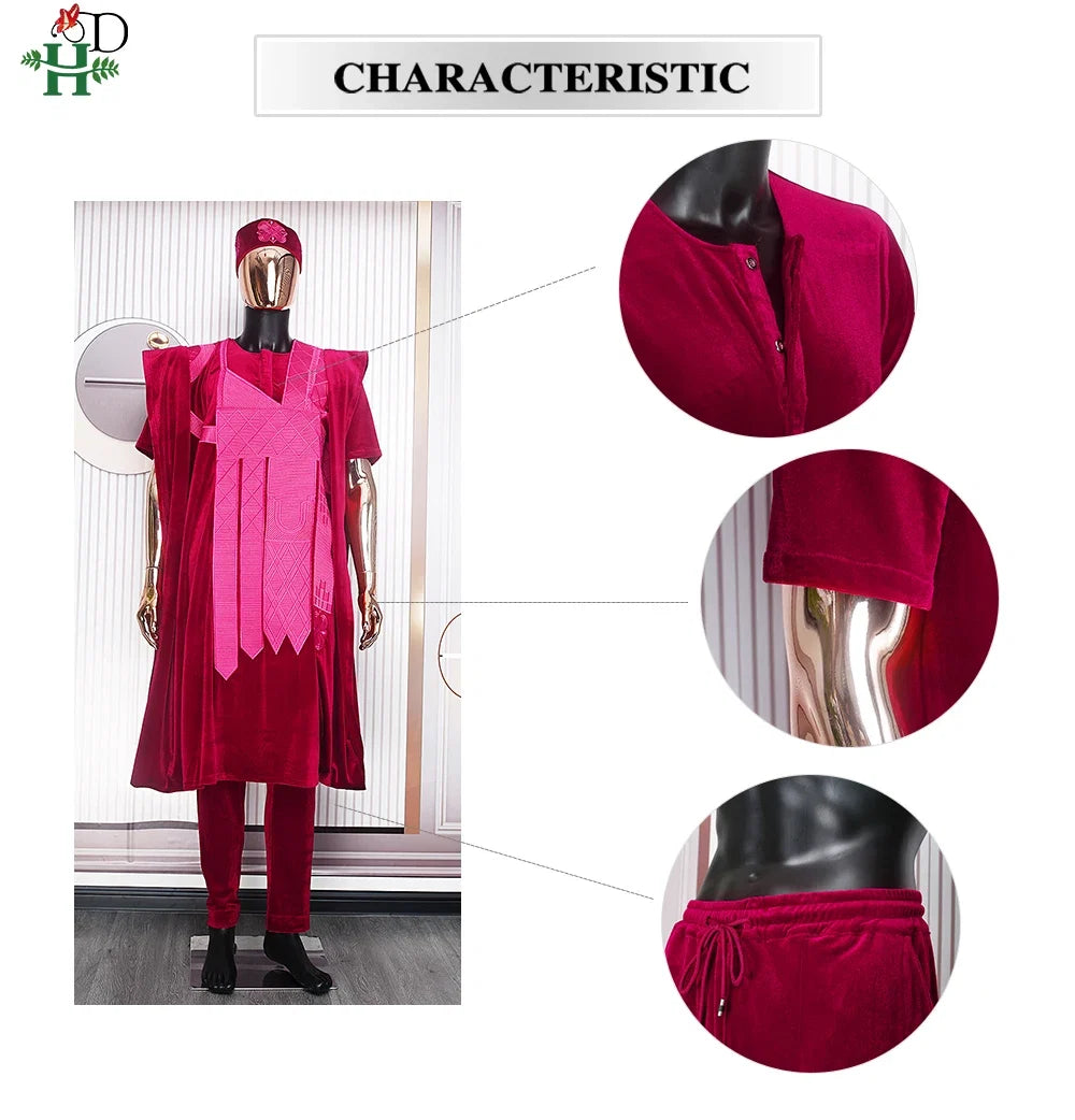 African Clothes for Men Clothing High-Quality Pink Embroidery With Hat Flannelette 3 Pcs Set