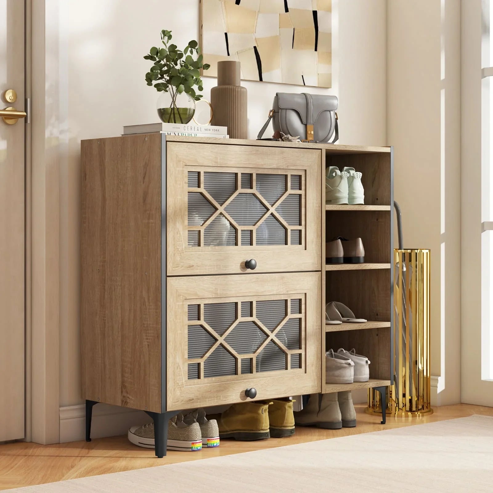 GOFLAME Shoe Storage Cabinet Freestanding Shoe Organizer w/ Flip Doors-Oak