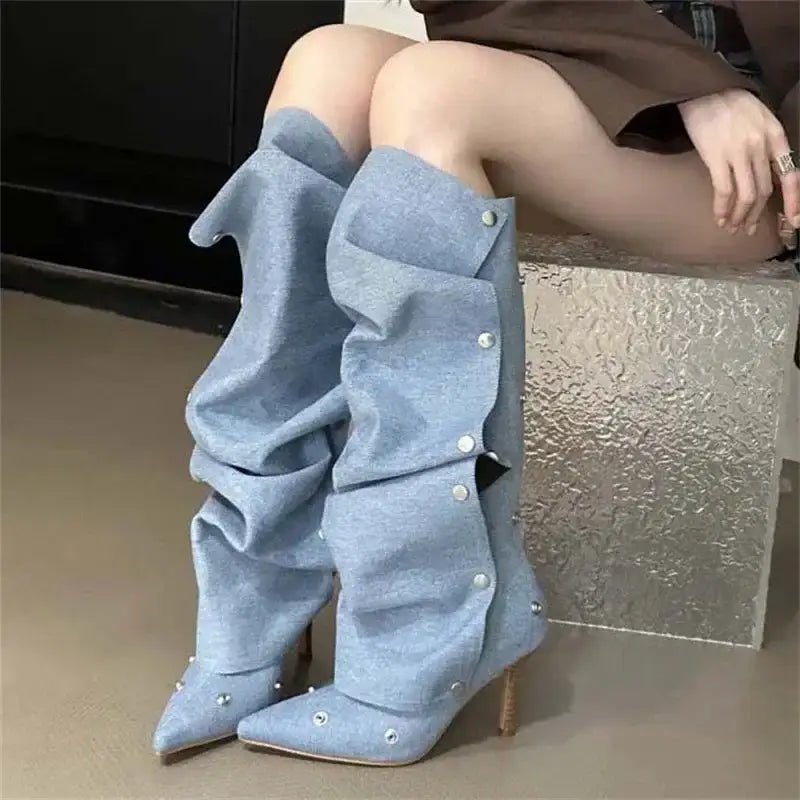 Denim Knee-High Pleated Boots – Thin High Heel