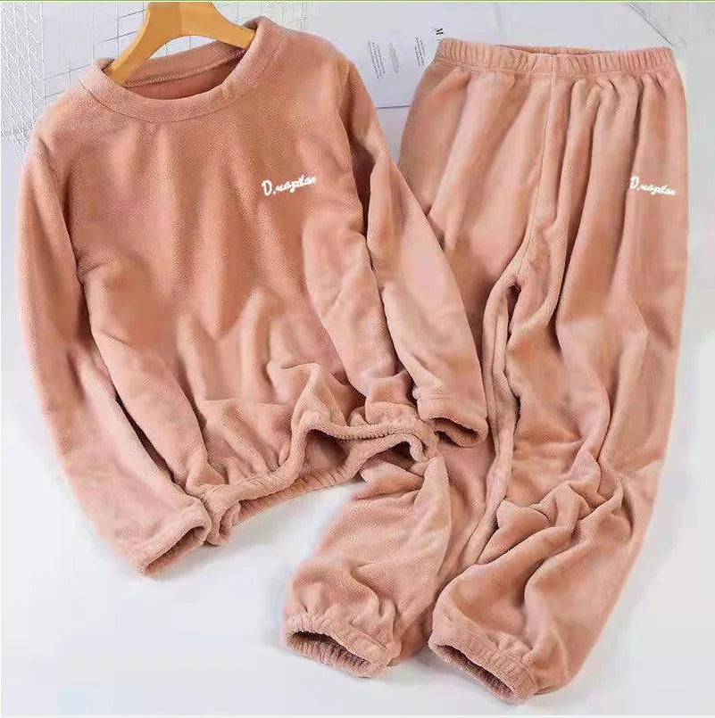 Double-Sided Coral Fleece Pajama Set Thickened Warm Leisure Wear for Autumn Winter Comfortable Polyester Sleepwear