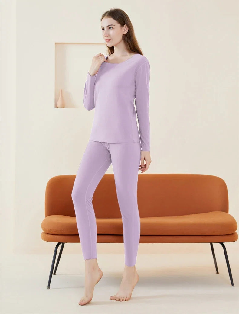 Women's Seamless Thermal Underwear Set Winter Warm Comfortable Solid Lingerie Long Johns Sexy Knitted Polyester Elastane Blend