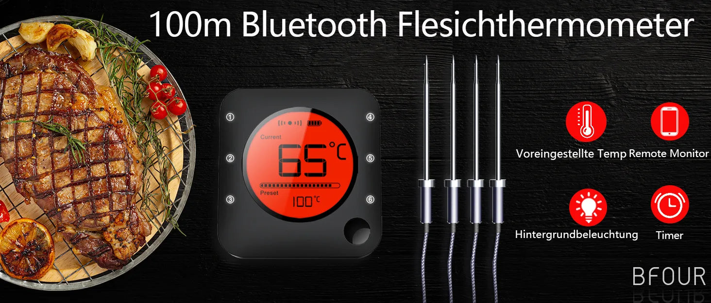 Wireless Bluetooth Meat Thermometer Digital BBQ Kitchen Thermometer Support 6 Probe for Smoker Cooking Grill Oven Candy
