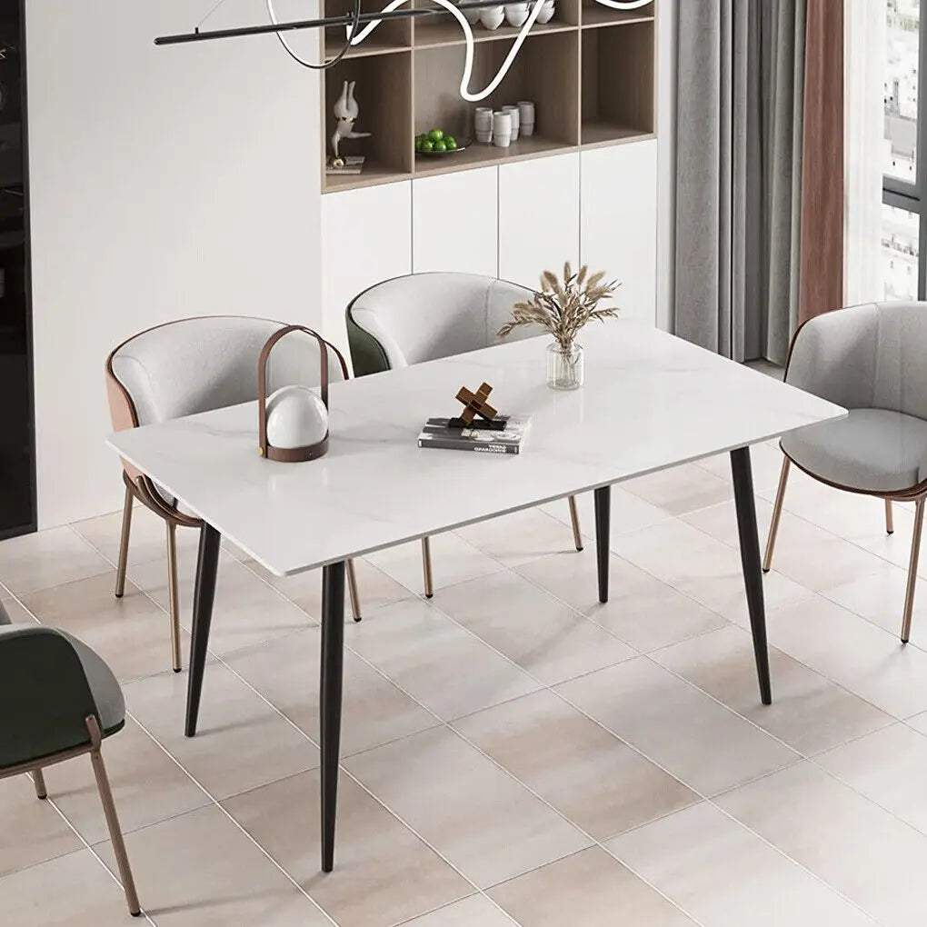 High Gloss 4-6 Seat Rectangular Marble Dining Table for Kitchen Island Restaurant Lunch Dinner Table Metal Frame