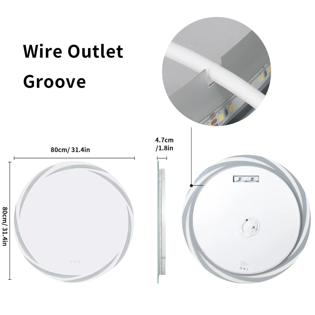 Anti-fog LED Bathroom Mirror Circle Backlit HD Wall Mounted Vanity Mirror Shatterproof 3 Colors Lights Adjust