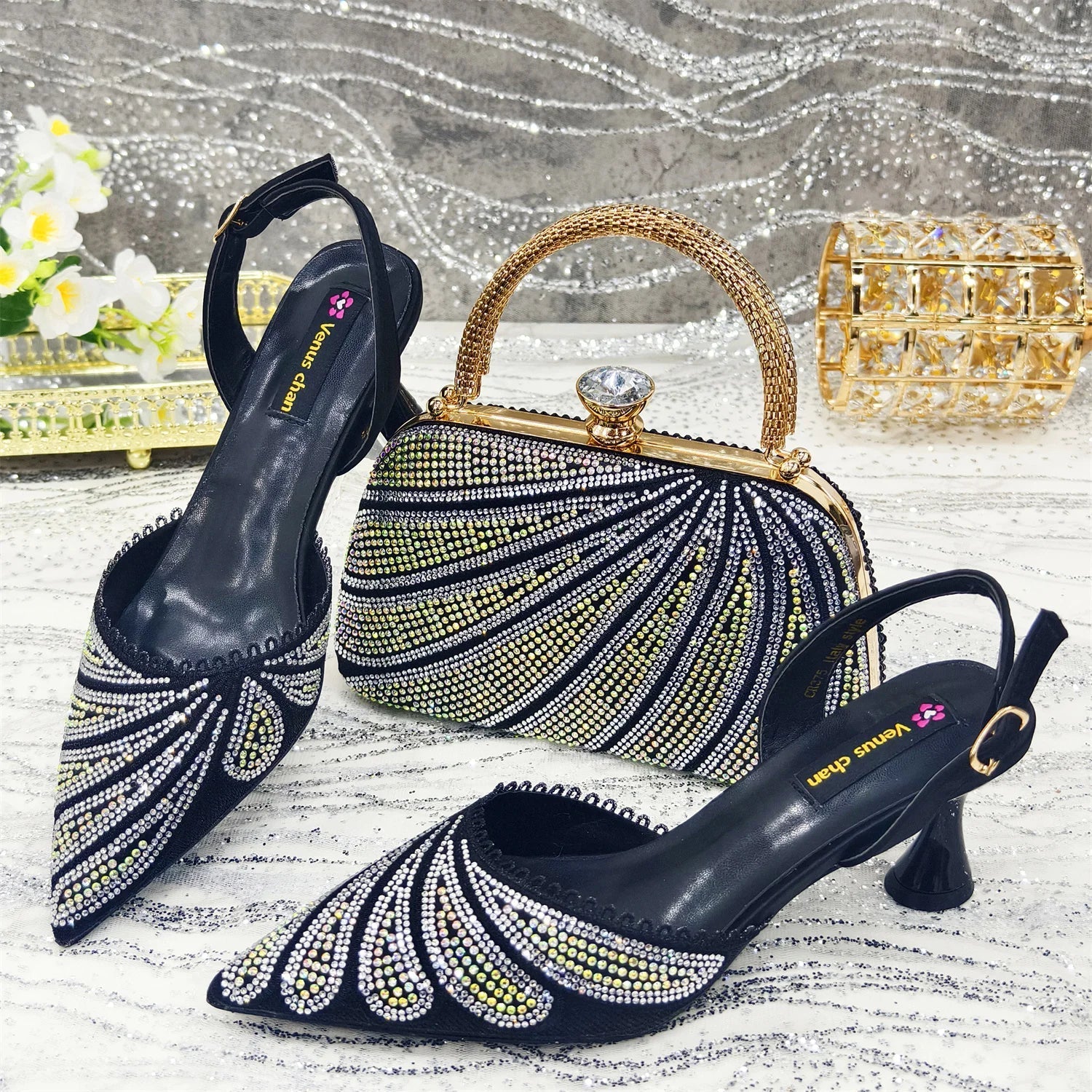 Diamond Studded Slingback Heels & Bag Matching Set — Butterfly Knot | 7 Colours | EU 37–43