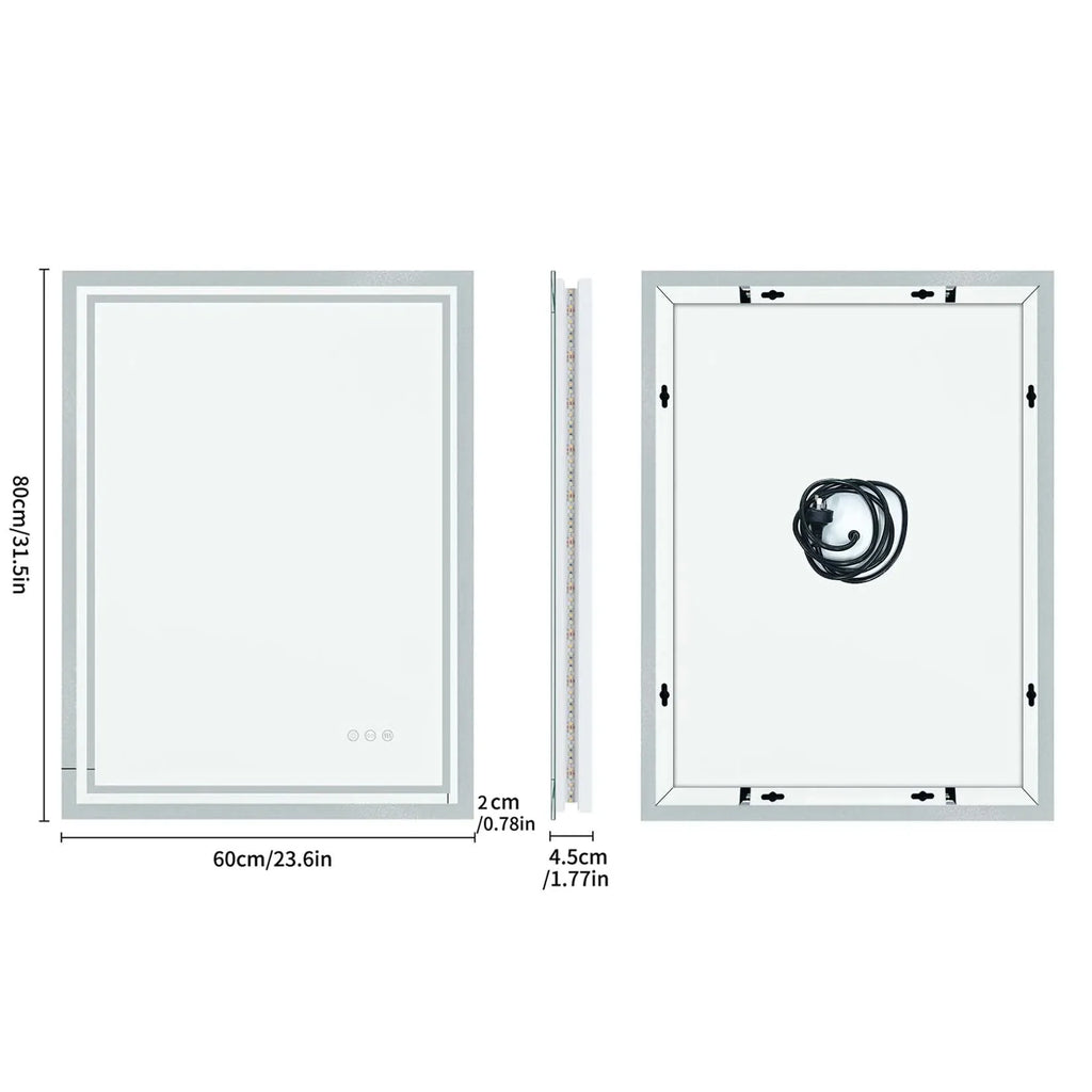 LED Light Bathroom Mirror Illuminated Wall Mounted Vanity Makeup Anti-Fog Rectangle 3 Colors Touch Light