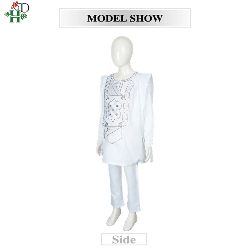 Boys White Blue Long Sleeve Tops Embroidery Dashiki Robe Shirt And Pant Set 3 PCS
