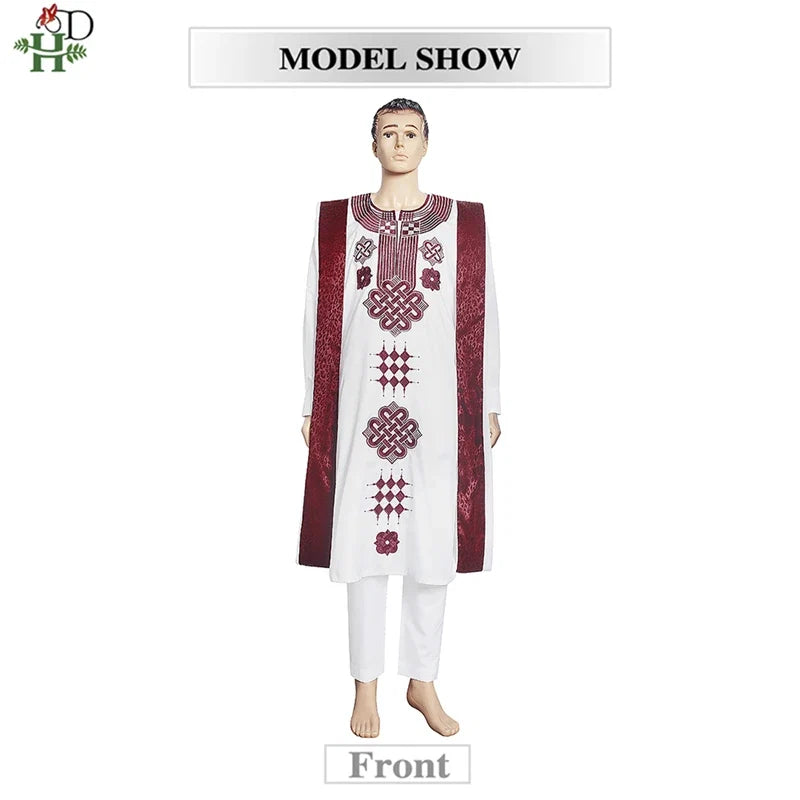 H&D Embroidered Dashiki Agbada Men African Traditional Clothes Ankara Outfit Cover Shirt Pants 3 PCS Suit Muslim Sets