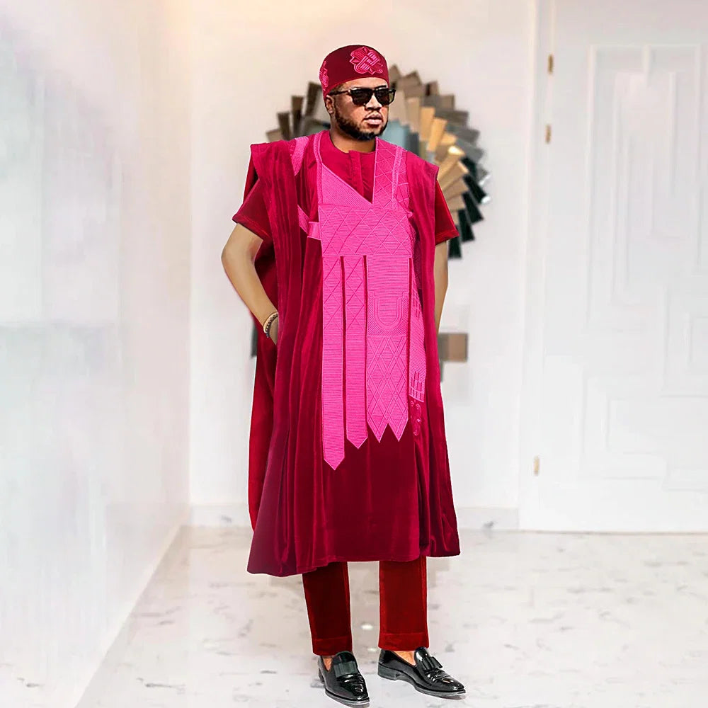 African Clothes for Men Clothing High-Quality Pink Embroidery With Hat Flannelette 3 Pcs Set
