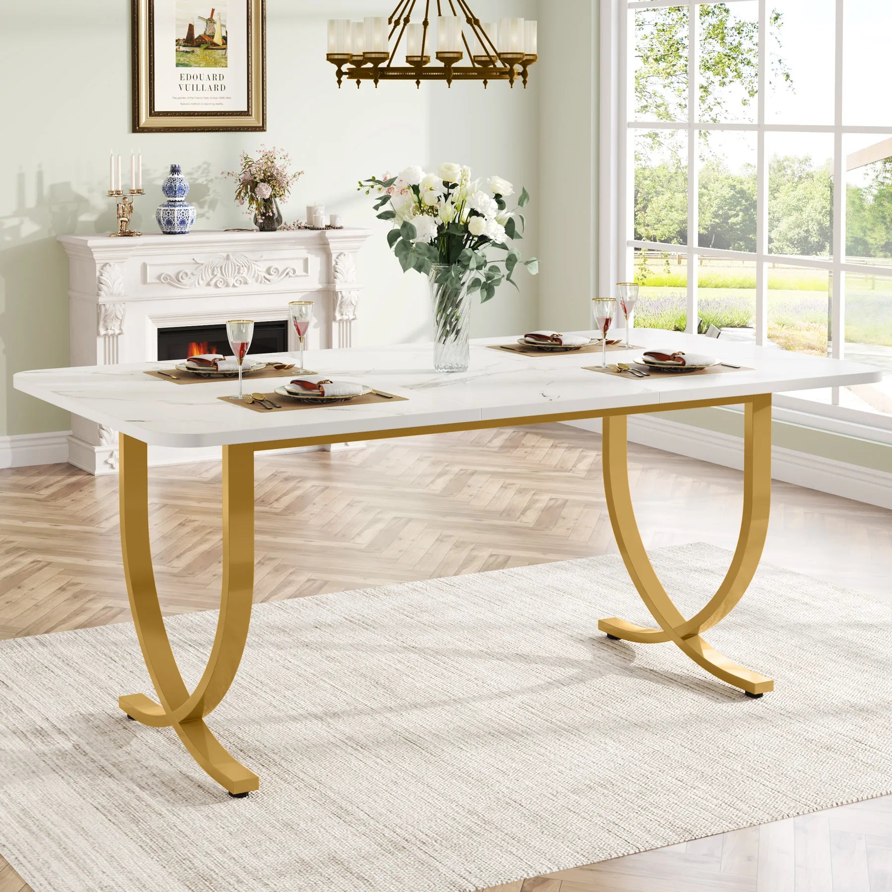 Tribesigns 63-Inch Rectangular Dining Table for 4 to 6, Modern Kitchen Table with Faux Marble Table Top, White Dinner Tables