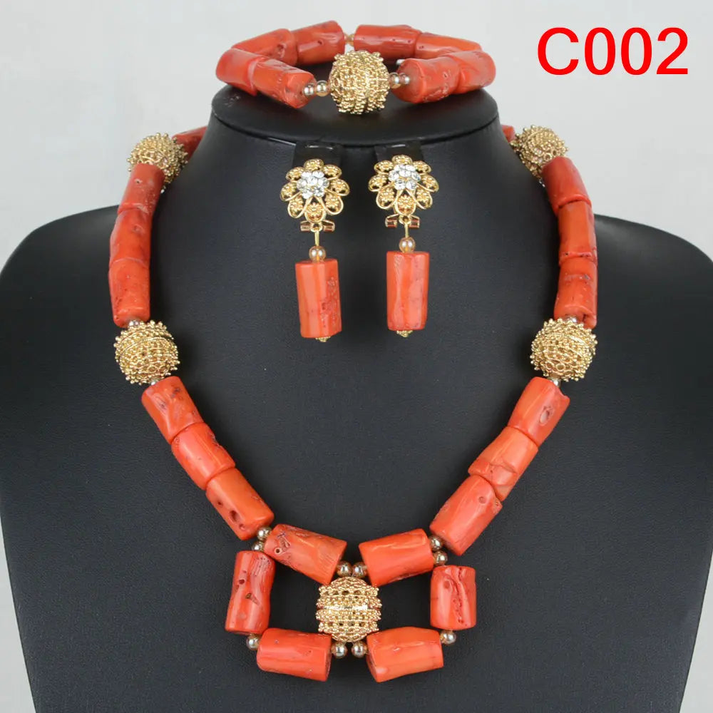 Latest Coral Jewelry Sets Nigerian Dubai Orange Necklace Sets of Beads African