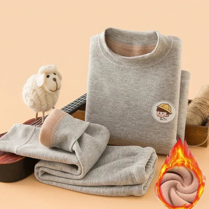 Unisex Thermal Long Johns Set for Kids 2-14 Years Winter Fleece Thick Underwear Soft Toddler Homewear Polyester Daily Wear
