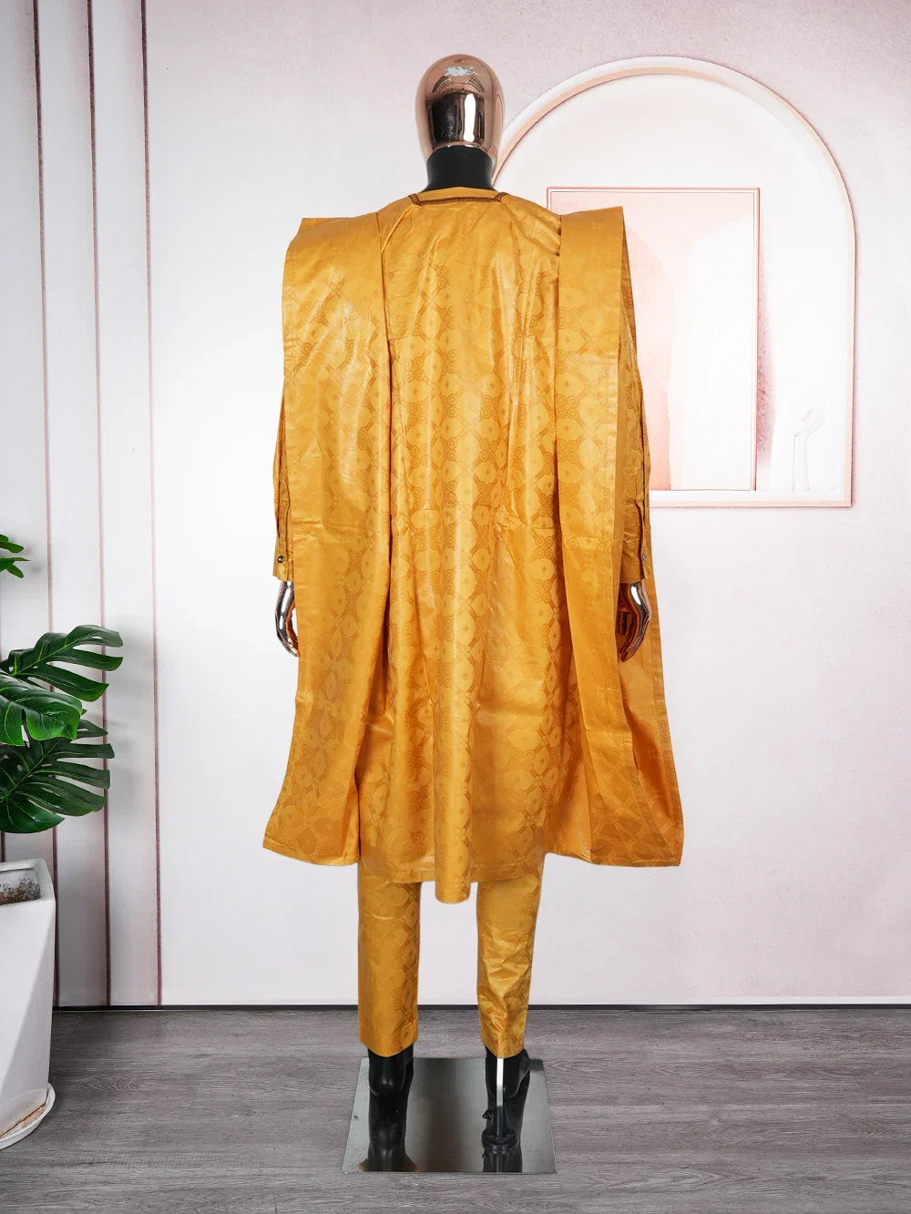 African Men Traditional Embroidery Bazin Riche Dashiki Yellow Shirt Pants 3PCS Bubu Dress Suit