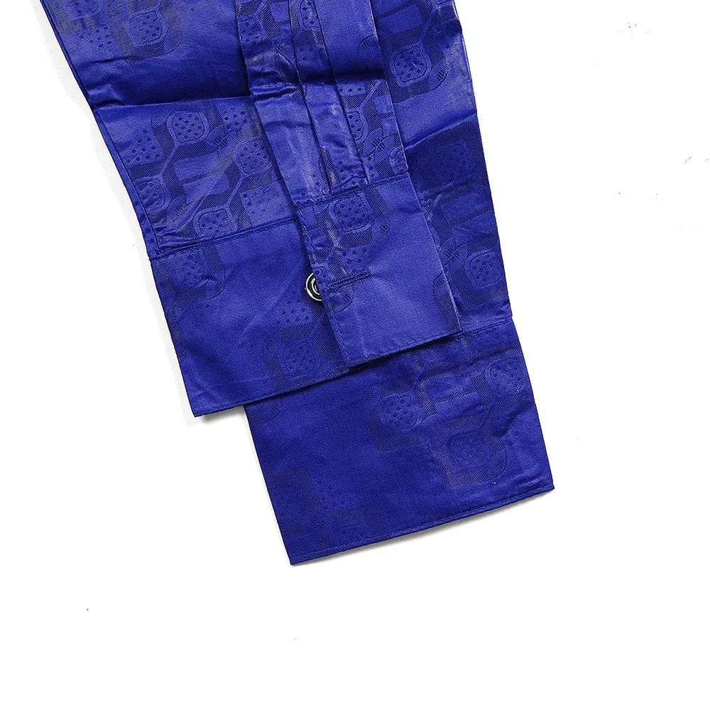 Men's African Traditional 3PCS Outfit  Blue Bazin Riche Agbada Embroidered Robe