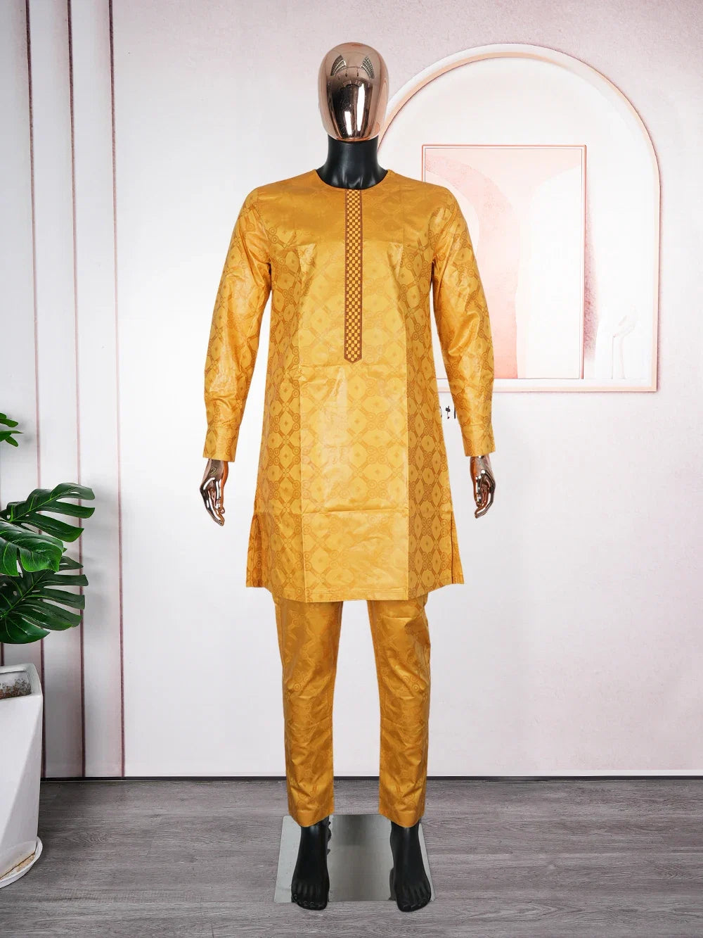 African Men Traditional Embroidery Bazin Riche Dashiki Yellow Shirt Pants 3PCS Bubu Dress Suit