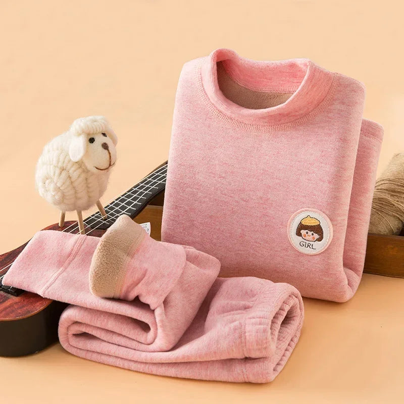 Unisex Thermal Long Johns Set for Kids 2-14 Years Winter Fleece Thick Underwear Soft Toddler Homewear Polyester Daily Wear