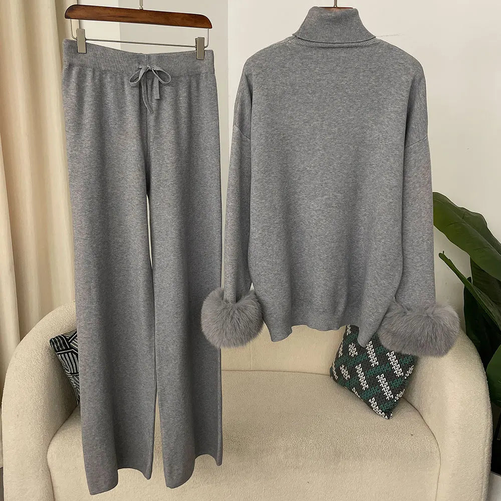 Fashion Autumn Winter Natural Real Fox Fur Cuffs Coat Knitted Sweater Women