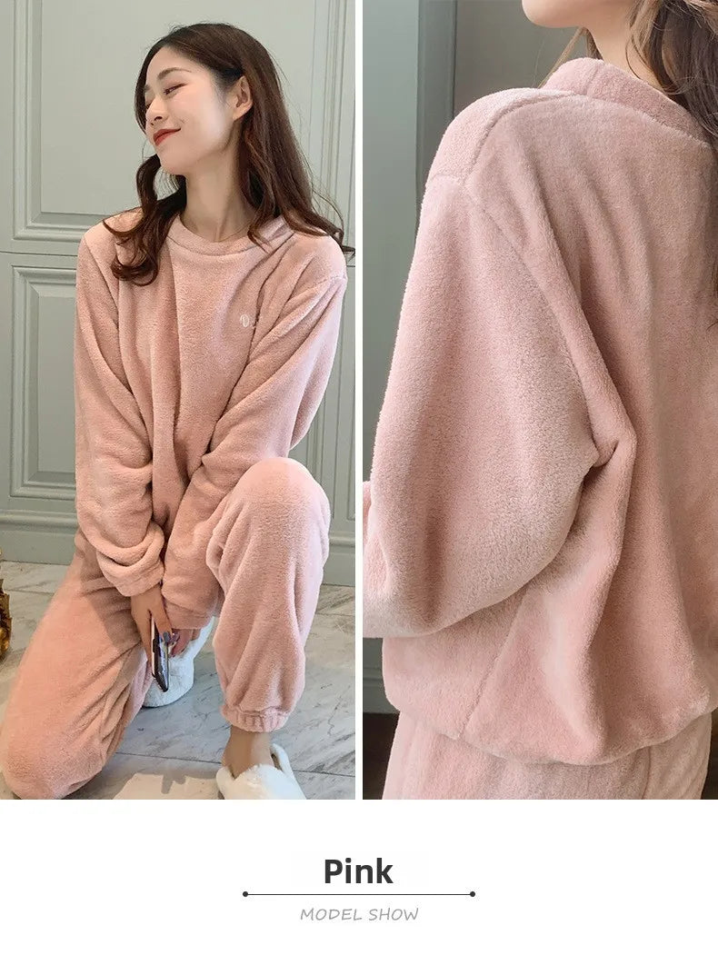 Double-Sided Coral Fleece Pajama Set Thickened Warm Leisure Wear for Autumn Winter Comfortable Polyester Sleepwear