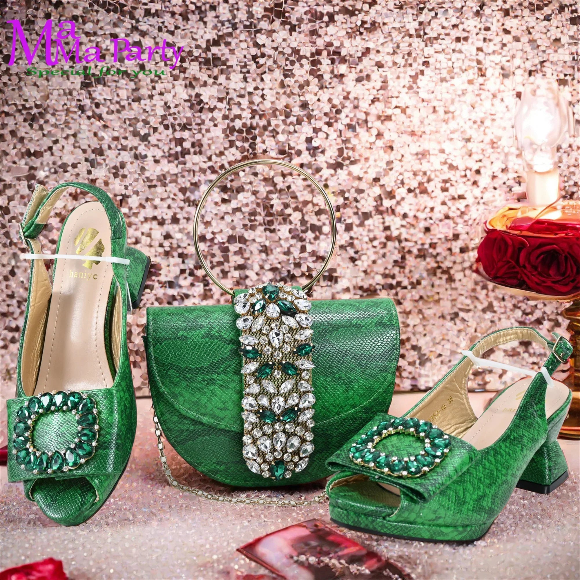 Italian Women Shoes & Bag Set | Peep Toe Slingback Heels | Crystal Detail | 5 Colours | EU 38–43