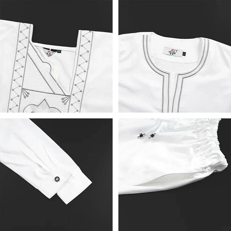 Boys White Blue Long Sleeve Tops Embroidery Dashiki Robe Shirt And Pant Set 3 PCS