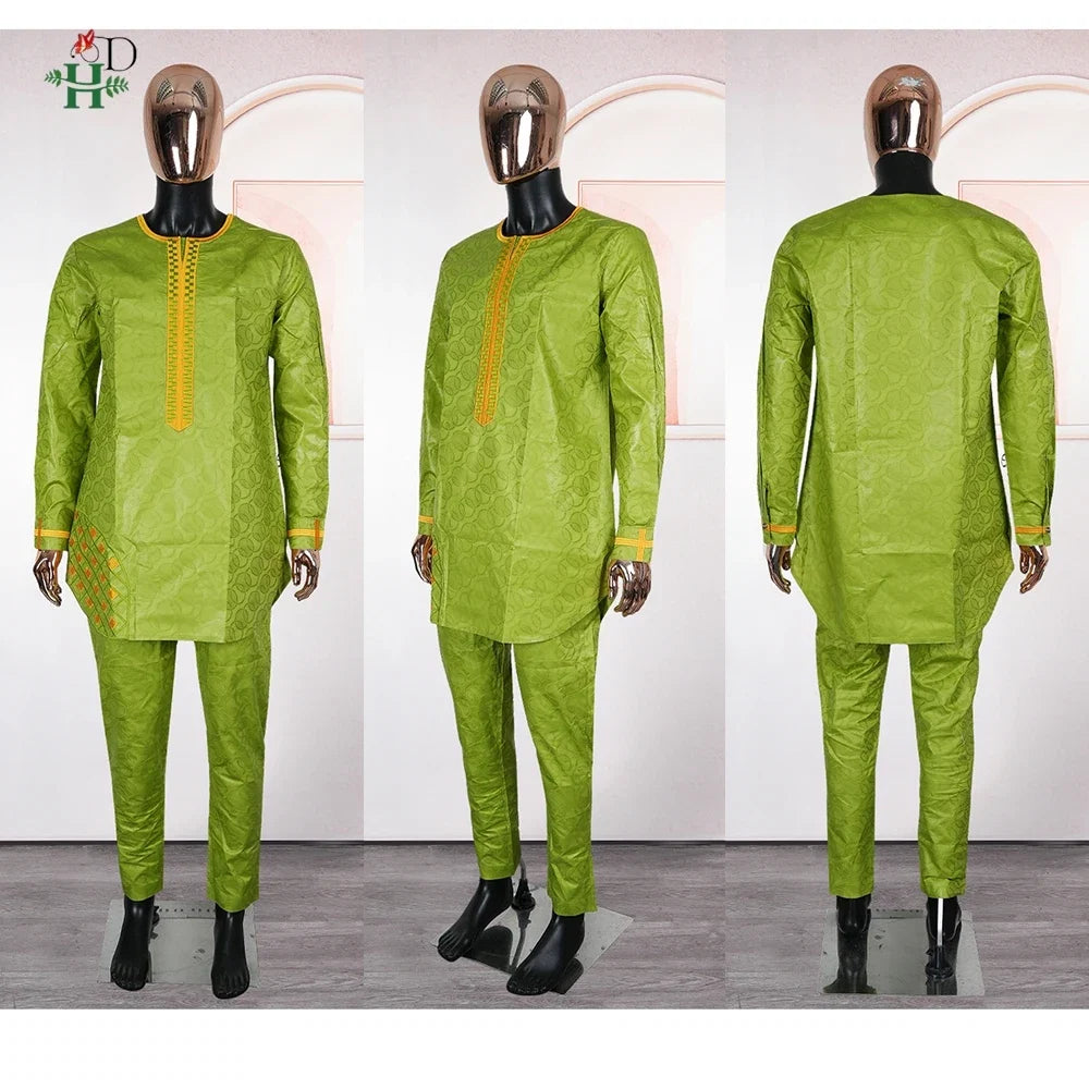 Men's Traditional Agbada 2PCS Green Bazin Riche Shirt and Pant