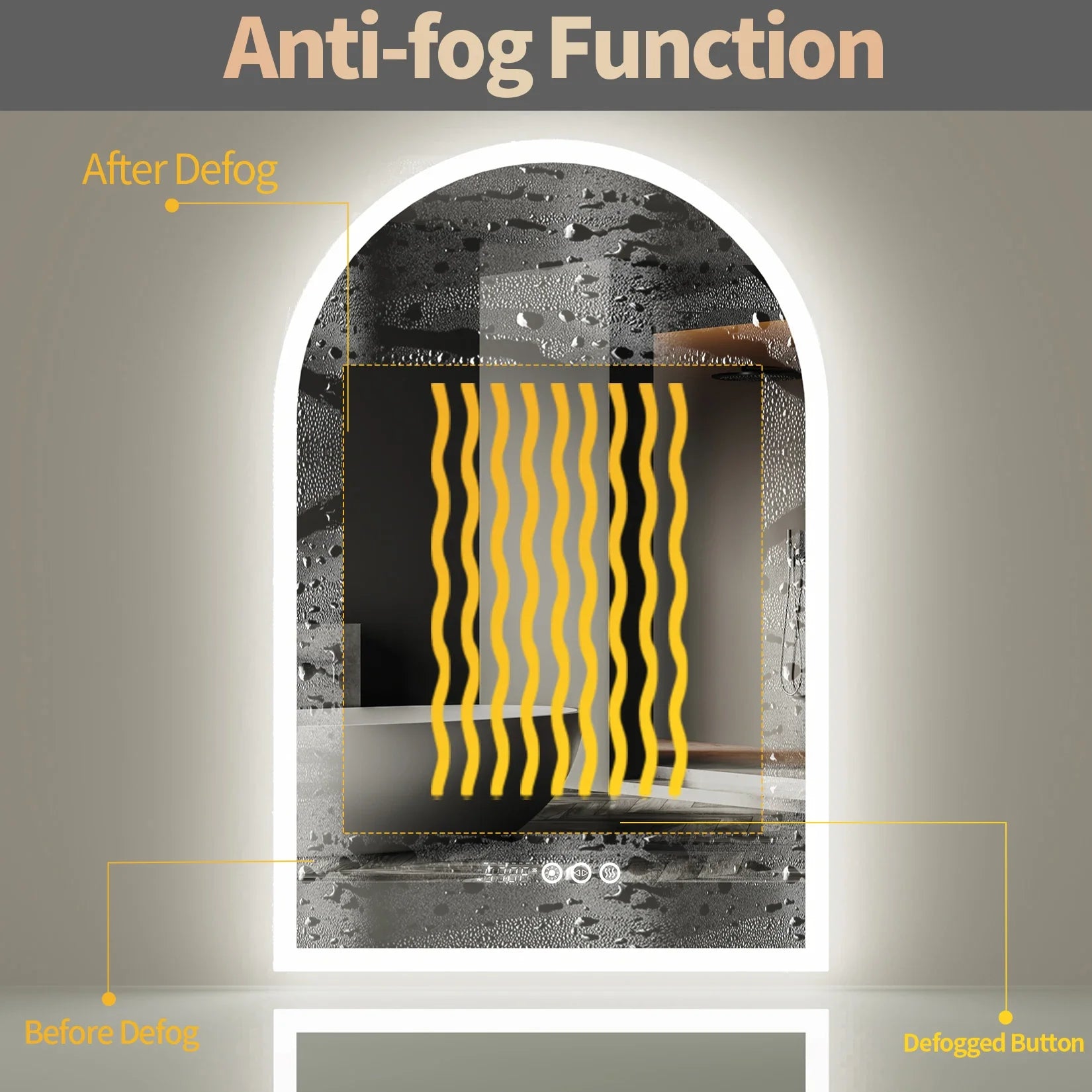 60x90CM Vertical Arch-Shape LED Bathroom Mirror Backlit Frameless Lighted Antifog Mirror Time Temperature Display