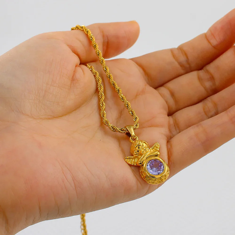 Dainty Angel Birthstone Necklace