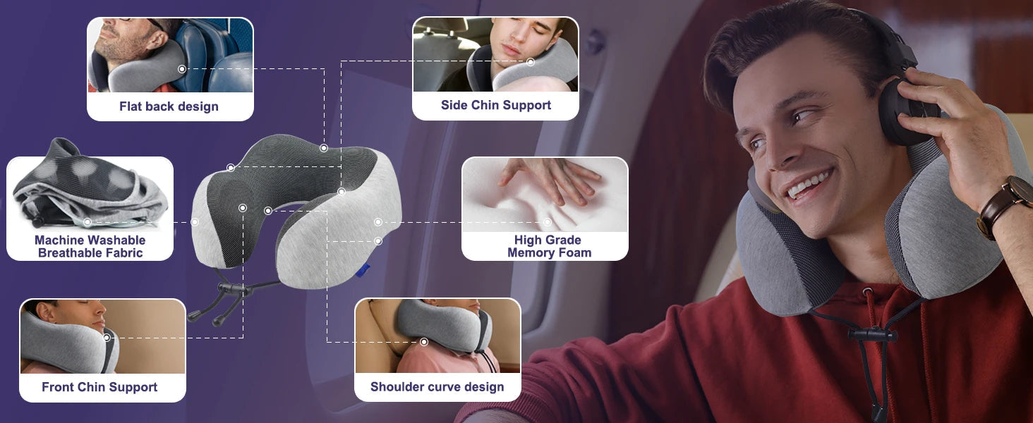 Upgraded Travel Neck Pillow for Airplane 100% Pure Memory Foam Travel Pillow for Flight Headrest Sleep Light Grey