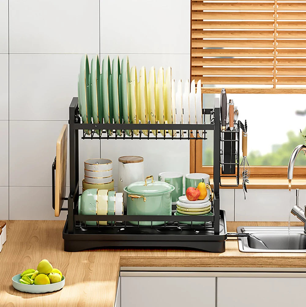 Dish Drainer Rack 2 Tier Rustproof Dish Drainer Rack with Drip Tray and Utensils Holder with 360° Swivel Spout Drain Board Set