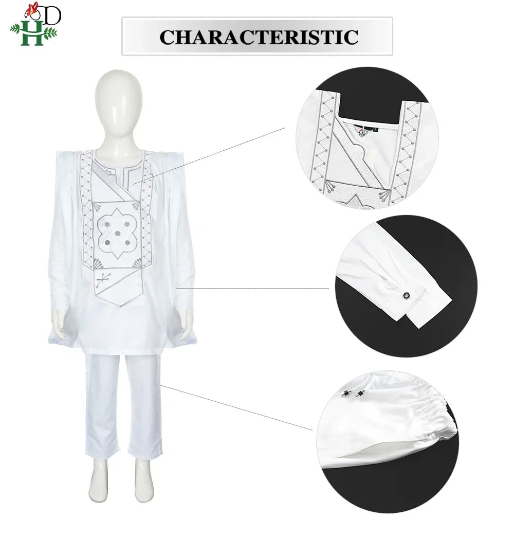 Boys White Blue Long Sleeve Tops Embroidery Dashiki Robe Shirt And Pant Set 3 PCS