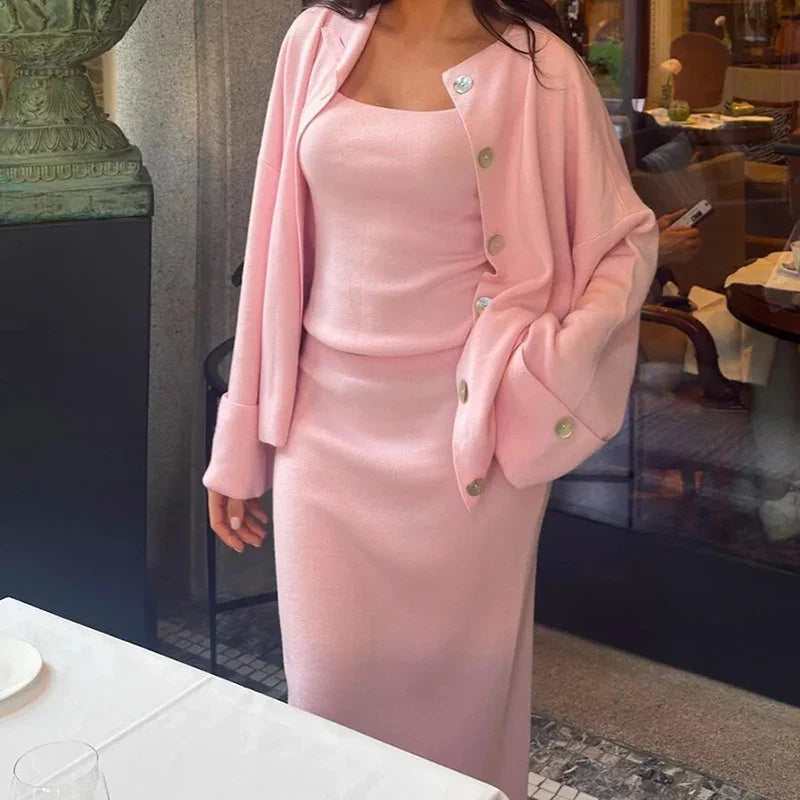 Women's Fashion Three Piece Set Solid Knitted Vest Long Sleeve Single Breasted Coat Chic Maxi Skirt Outfit Winter Casual Dress