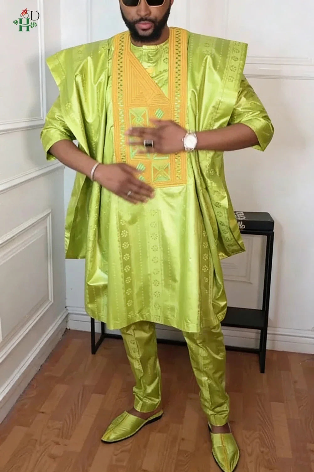 H&D African Clothing For Man Traditional Agbada Sets 3PCS Green Bazin Riche Shirt Pant Embroidery Wedding Party Suits Plus Size