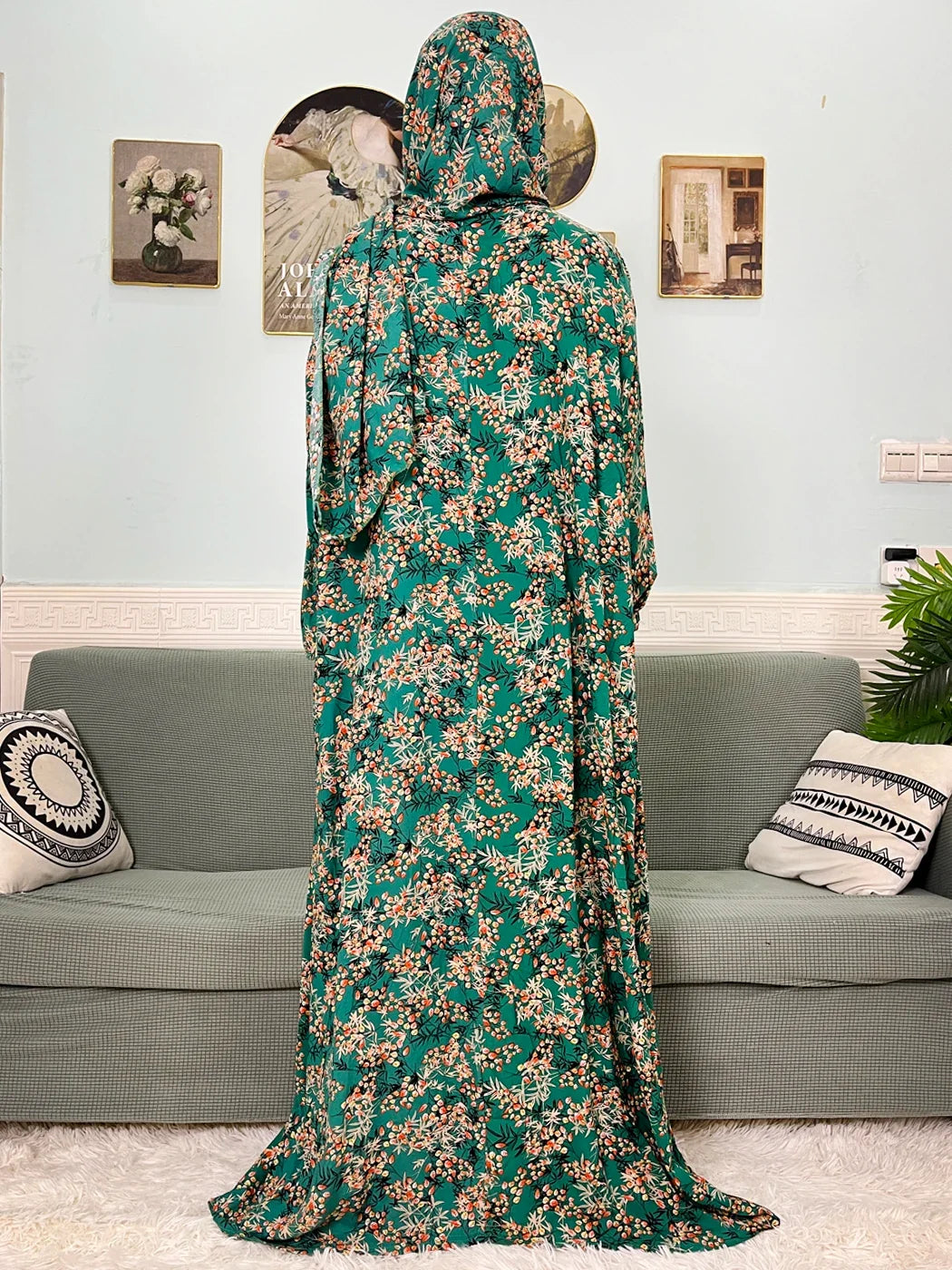 Women's Traditional Floral Ramadan Muslim Cotton Abayas Garment with attached Headscarf