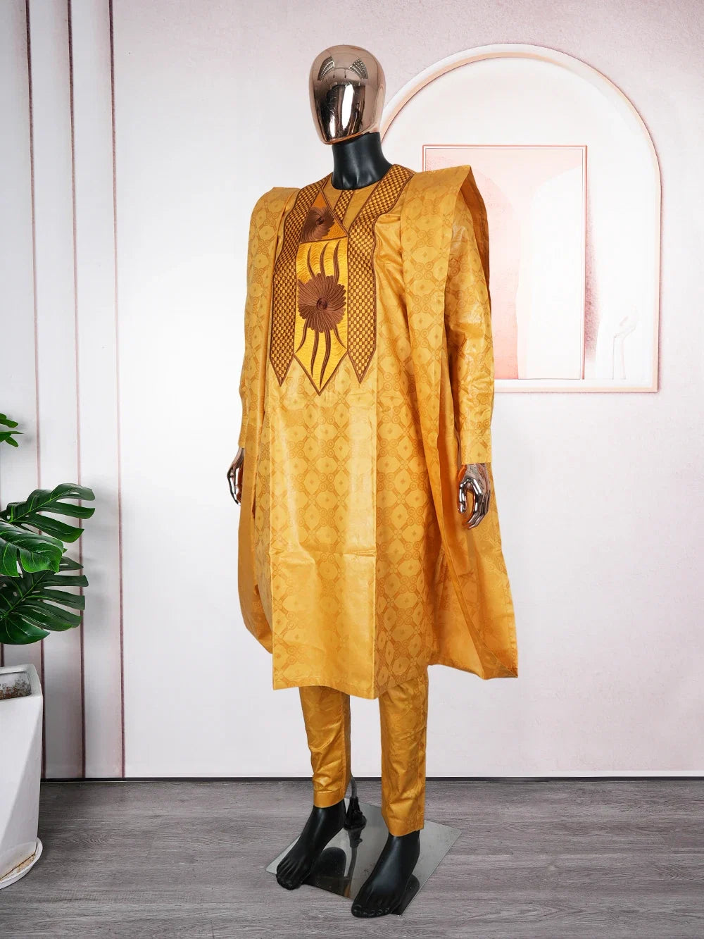 African Men Traditional Embroidery Bazin Riche Dashiki Yellow Shirt Pants 3PCS Bubu Dress Suit