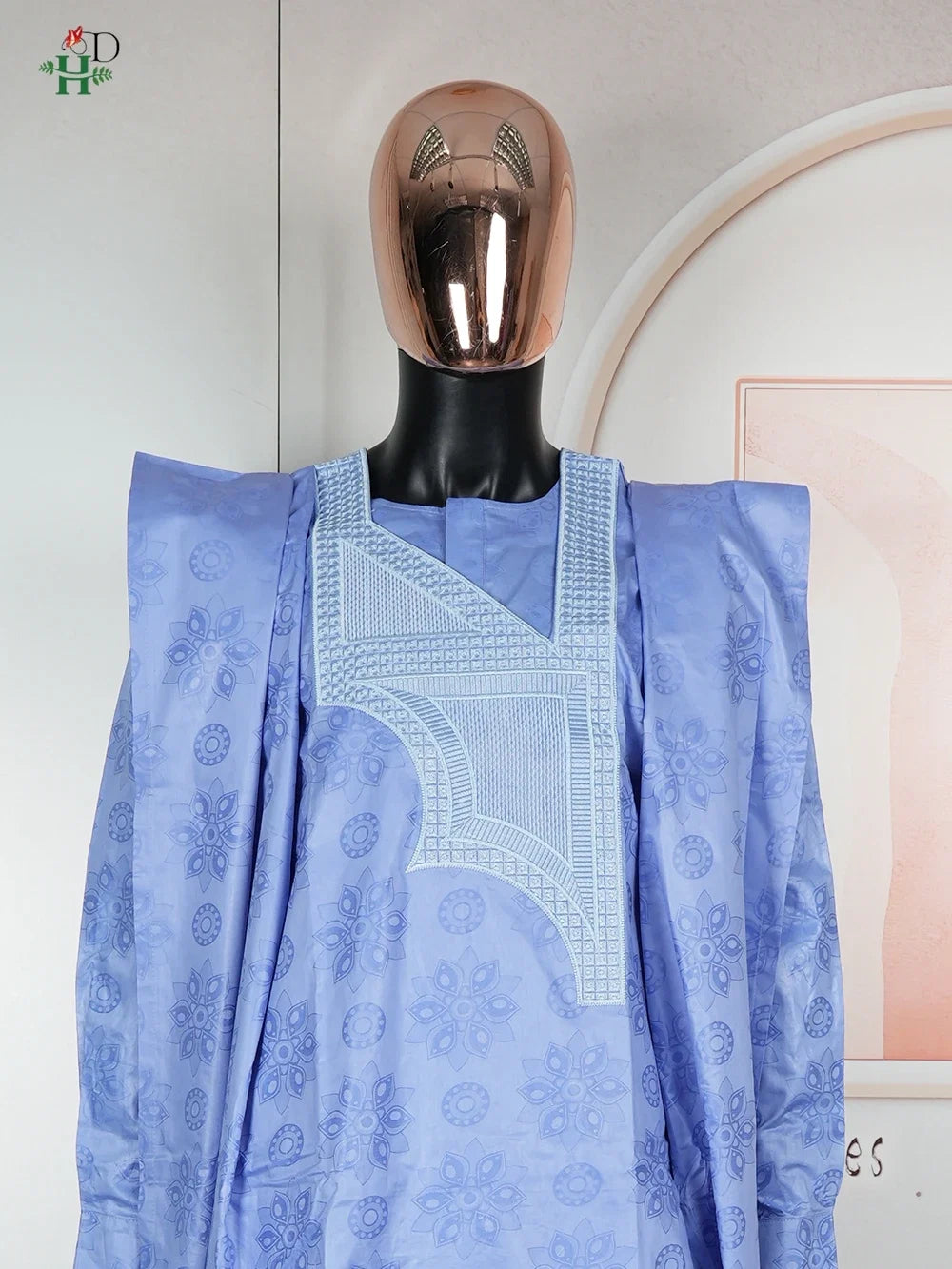 African Embroidery Blue Gown  Men Elegant Thobe 3 PC Top and Pants Suits Set