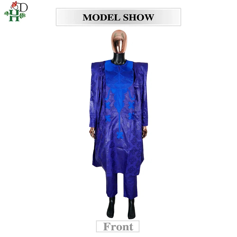 Men's African Traditional 3PCS Outfit  Blue Bazin Riche Agbada Embroidered Robe