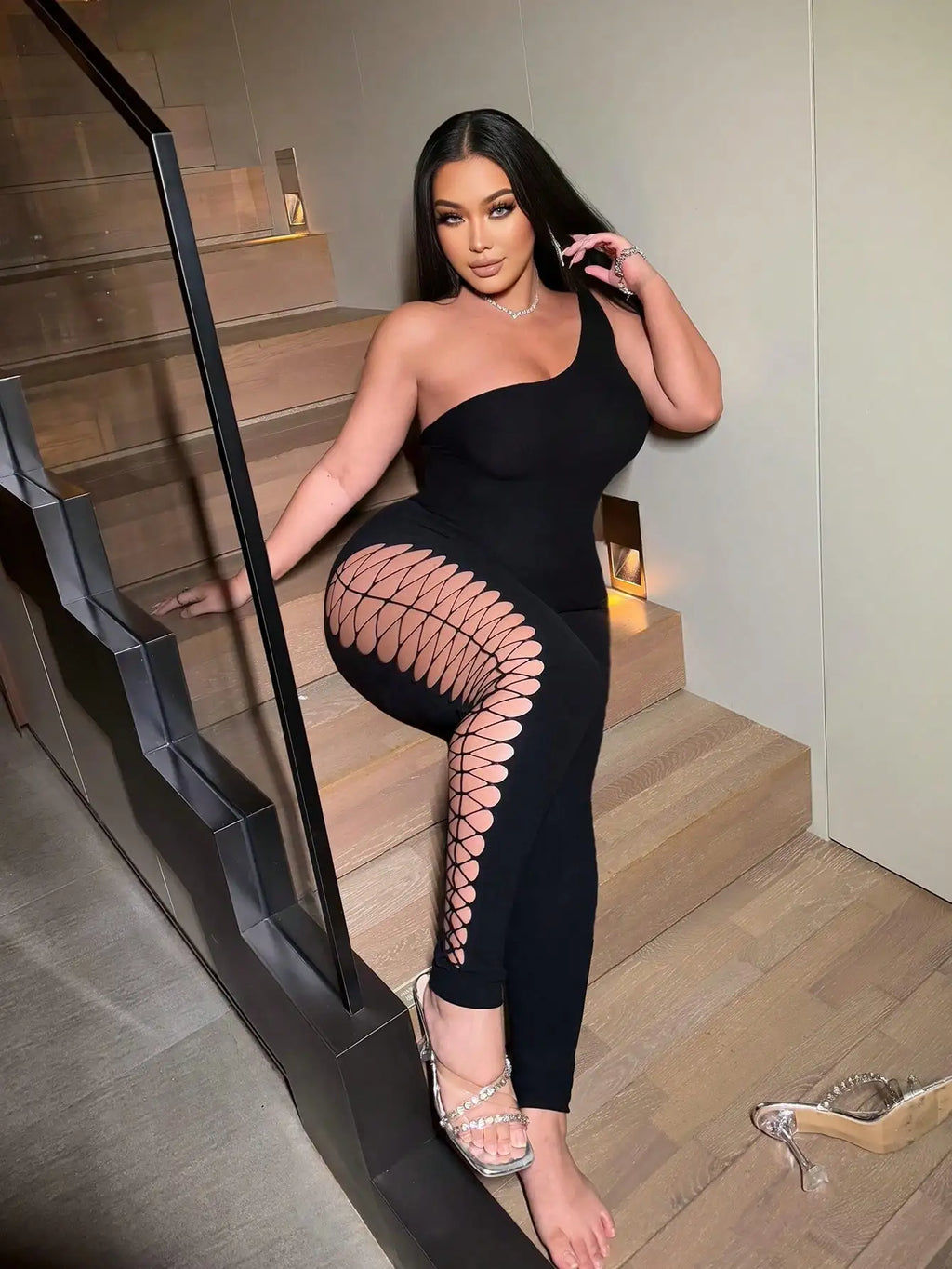 Women's Sexy One-Shoulder Black Jumpsuit with Fishnet Cutout Slim Fit Club Party Ankle-Length Polyester Nylon Blend