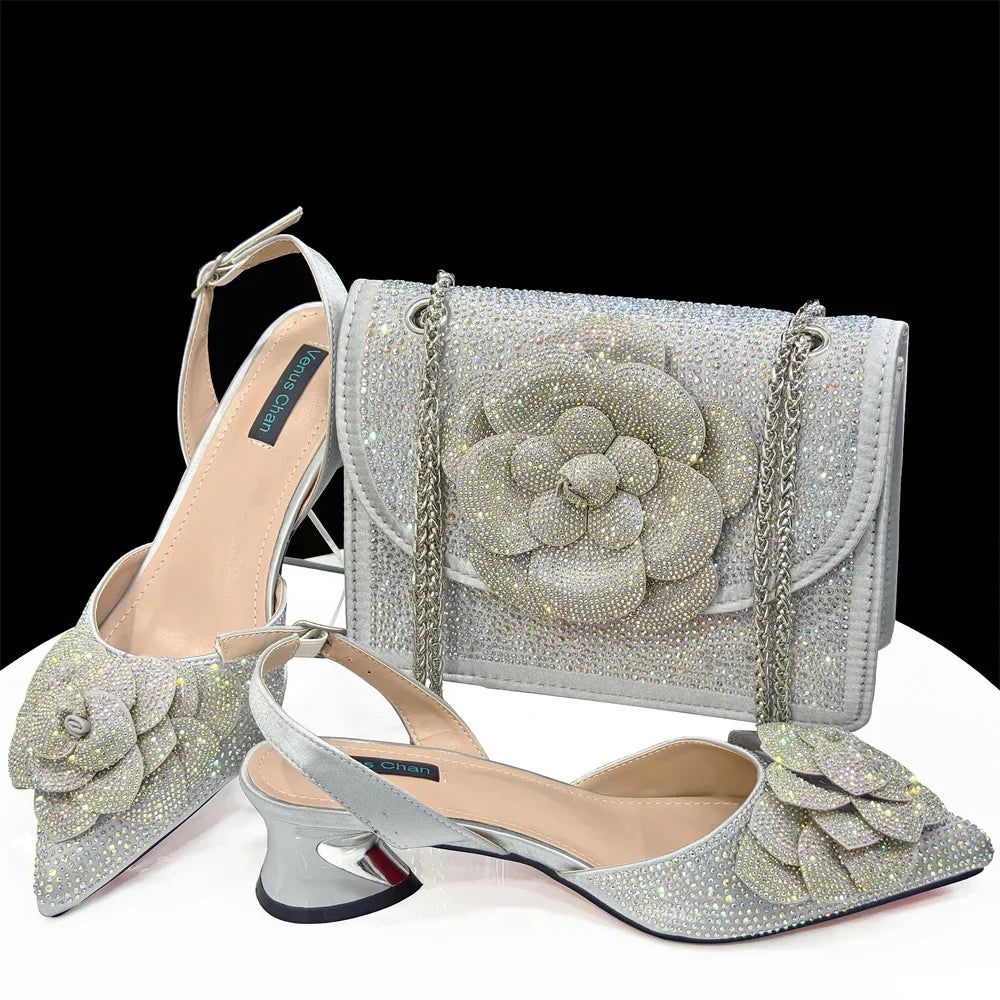 Large Flower Rhinestone Pointed Toe Slingback Pumps — Low Heel | 6 Colours | EU 37–43