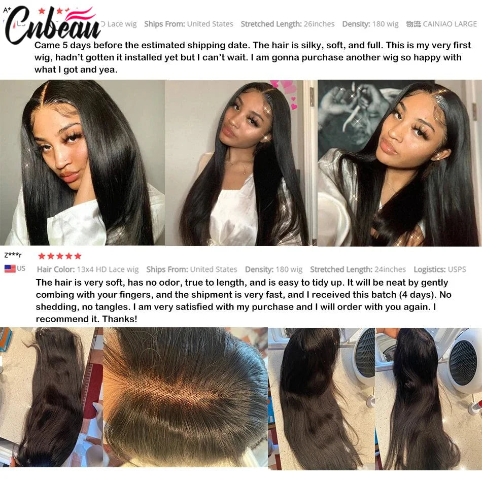 250% 360 Full Lace 13x6 HD Lace Frontal Wig for Women 13x4 Frant Silky Straight Remy Human Hair Dark Black Glueless Pre Plucked