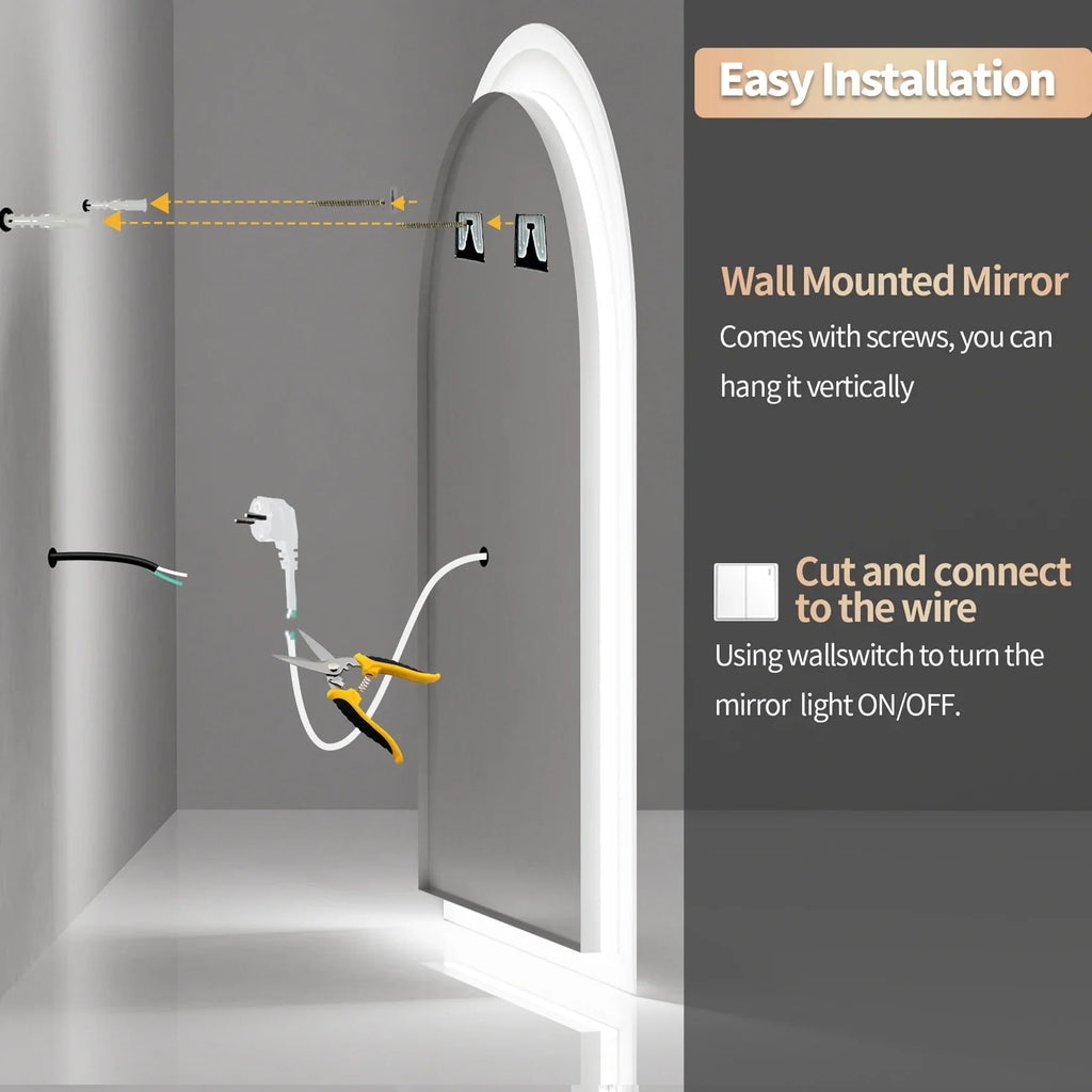 60x90CM Vertical Arch-Shape LED Bathroom Mirror Backlit Frameless Lighted Antifog Mirror Time Temperature Display
