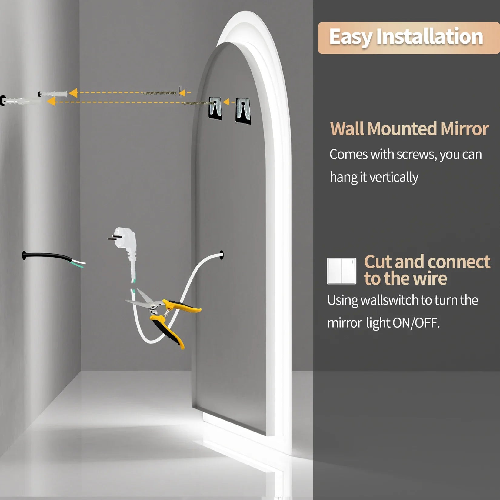 60x90CM Vertical Arch-Shape LED Bathroom Mirror Backlit Frameless Lighted Antifog Mirror Time Temperature Display