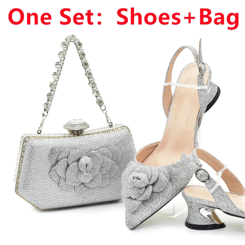 Women's Shoe and Bag Set Latest Luxury Italian Rhinstone Design for Wedding and