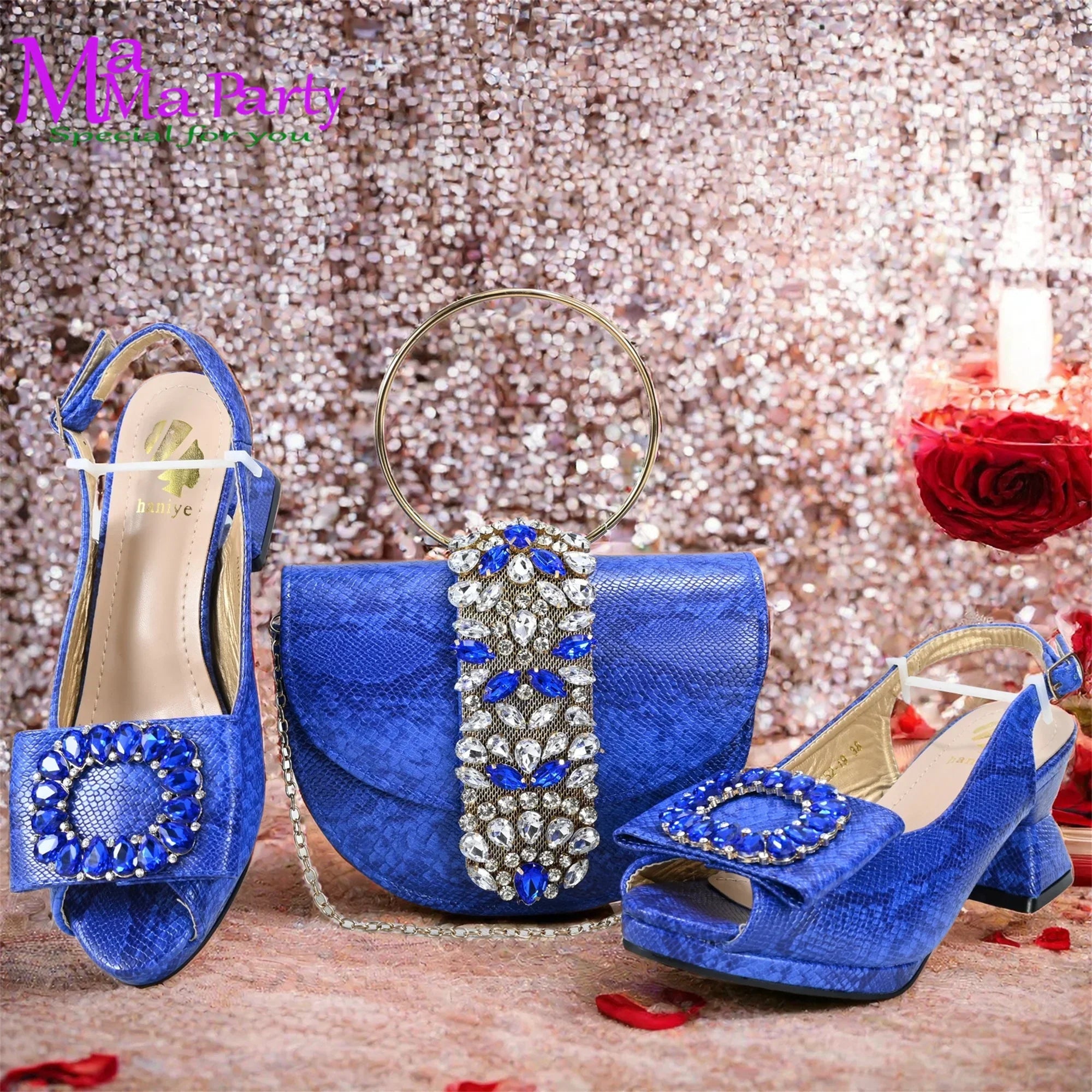 Italian Women Shoes & Bag Set | Peep Toe Slingback Heels | Crystal Detail | 5 Colours | EU 38–43
