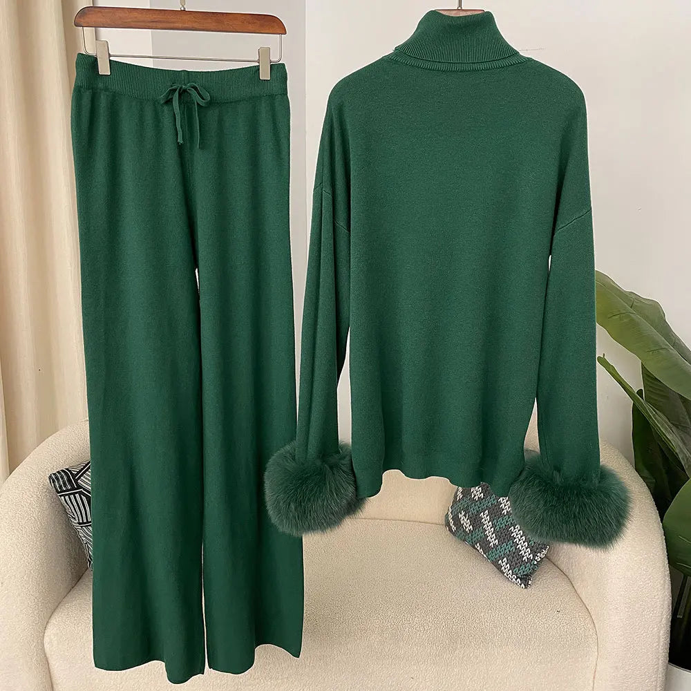 Fashion Autumn Winter Natural Real Fox Fur Cuffs Coat Knitted Sweater Women