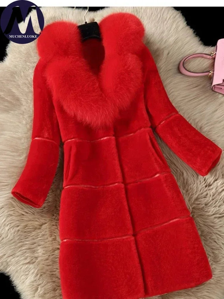 Women's Elegant Imitation Faux Fur Collar Warm Coat Fashion Plush V-Neck Button Detail
